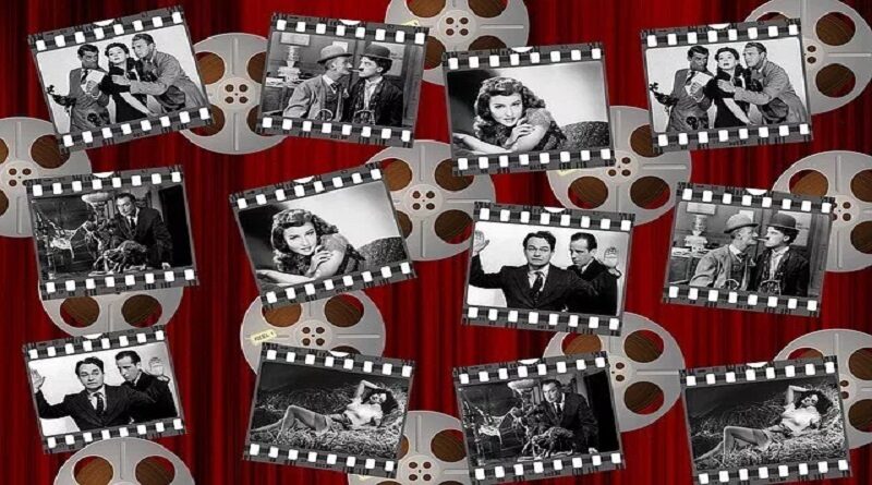cartaz com cenas de filmes antigos em preto e branco