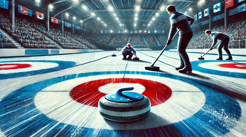 Essência de uma partida de curling, com jogadores, a pedra e a pista.