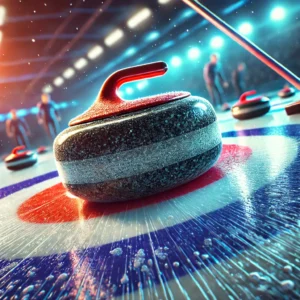 Pedra de curling em ação, capturando os detalhes e a dinâmica do momento.